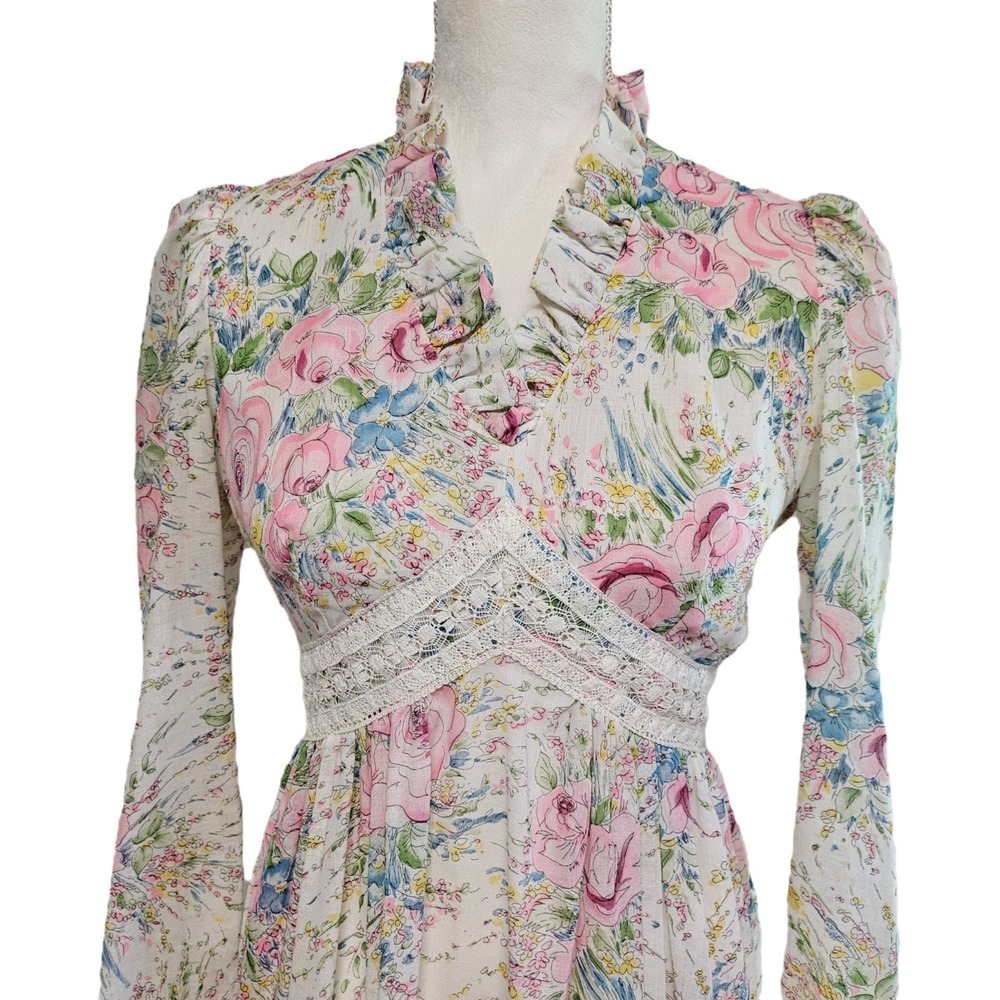 Vintage 70s Act I Floral Watercolor Maxi Prairie Dress Size S Hippie Cottagecore - Picture 2 of 10